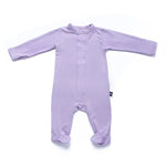 Light purple long-sleeve baby onesie with footies, laid flat on white background