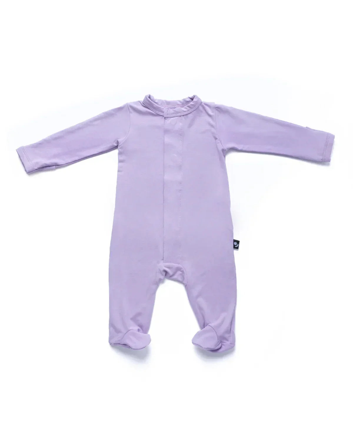 Light purple long-sleeve baby onesie with footies, laid flat on white background