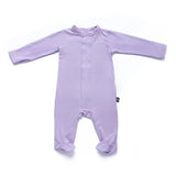Light purple long-sleeve baby onesie with footies, laid flat on white background